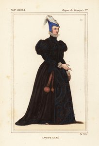 Louise Labe, La Belle Cordiere, poetessa francese 1526-1566. Musicista, cavallerizza, arciera, schermitrice e linguista. Litografia colorata a mano dopo un ritratto nel portfolio VIII 82 di Roger de Gaignieres da Le Bibliophile Jacob alias Paul Lacroix