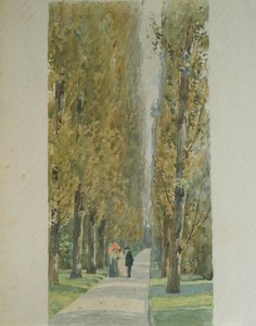 Giuseppe Verdi che conversa con amici lungo il viale alberato della sua villa a Sant