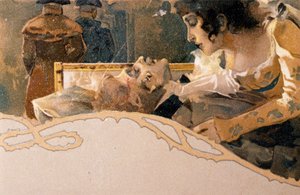 Cartolina illustrata da Leopoldo Metlicovitz (1868-1944) che raffigura scene da Tosca, opera di Giacomo Puccini (1858-1924)