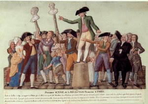 Prima scena della Rivoluzione francese a Parigi: il 12/07/1789, dopo il licenziamento del re di Jacques Necker, Camille Desmoulins arringò la folla al Palais Royal e chiamò alla rivolta contro il governo. I busti di Jacques Necker e Louis Phil