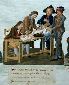 Rivoluzione francese: Cittadini che portano camicie, scarpe, calze, vestiti da inviare ai volontari. Incisione dei fratelli Lesueur (XVIII secolo). XVIII secolo. Parigi, Museo Carnavalet da Lesueur Brothers