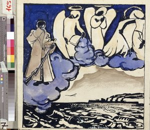 ""La Guerra. Russia. 1914"" Allegoria della Prima Guerra Mondiale. Un soldato e degli angeli. Penna e gouache di Lev Bruni (1894-1948) 1914 State Museum of History, Architecture and Art, Rybinsk, Russia