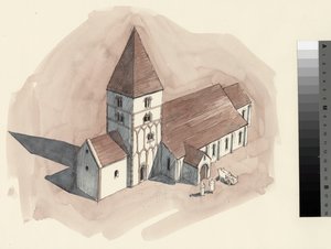 Disegno di ricostruzione della chiesa di San Pietro nel periodo normanno (acquerello su carta) da Liam Wales