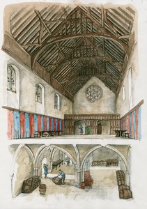 Ricostruzione del Palazzo di Winchester di epoca medievale (acquerello su carta) da Liam Wales