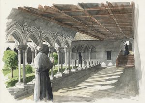Ricostruzione del chiostro del Lanercost Priory (acquerello su carta) da Liam Wales