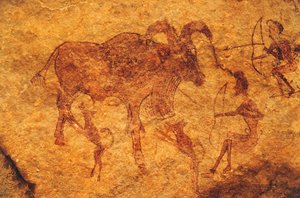 Arcieri, cani e animale ungulato, pittura rupestre, Tassili n