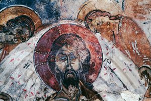 Cristo, affresco nella chiesa bizantina di San Giorgio, Komitades, Creta, Grecia da Unbekannt Unbekannt