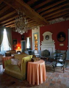 Soggiorno con soffitto a travi e mobili in stile Luigi XV e Luigi XVI, Castello di Reaux, Chouze-sur-Loire, Indre-et-Loire, Francia (foto)