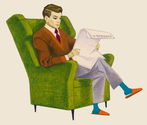 Uomo che legge il giornale seduto in poltrona, disegno da Unbekannt Unbekannt