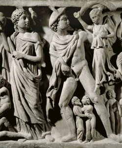 Sarcofago in marmo, Rilievo raffigurante il mito di Prometeo, Dettaglio, Hermes e una delle Parche, Da Arles da Unbekannt Unbekannt