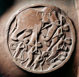 Medaglione con scimmie ed elefanti, rilievo dallo Stupa di Bharhut, monumento buddista, Madhya Pradesh, India, Civiltà Indiana, II secolo a.C. da Unbekannt Unbekannt