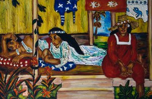 Donne polinesiane, vetrata, Isola di Moorea, Isole della Società, Polinesia Francese, territorio d