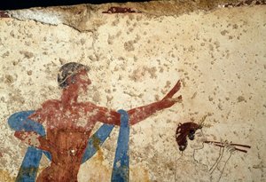 Processione con atleta, dettaglio, affresco dalla Tomba del Tuffatore, Paestum, Campania, Italia, civiltà greca antica, Magna Grecia, III secolo a.C. (foto) da Unbekannt Unbekannt