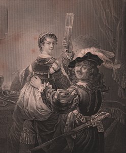 Rembrandt con sua moglie Saskia, incisione di H Payne da un dipinto di Rembrandt, dalla Royal Dresden Gallery di Payne, di Albert Henry Payne, H Payne Dresden e Leipzig Publisher, circa 1840 da Unbekannt Unbekannt