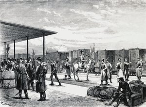 Convoglio militare russo alla stazione di Bustiu, sulla ferrovia Bucarest-Galati, guerra russo-turca, incisione, Romania da Unbekannt Unbekannt