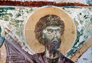 Santo, dettaglio da affresco nella Chiesa di Agios Georgios, Mourne, Creta, Grecia