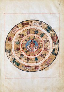 Il carro del Sole e i segni dello Zodiaco, miniatura da un manoscritto del primo Medioevo, tavola astronomica di Tolomeo (ca 100-175), civiltà ellenistica