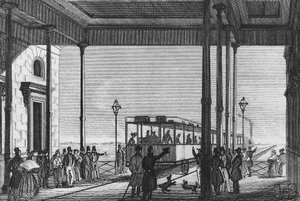 Treno in partenza dalla stazione ferroviaria di Venezia Santa Lucia, Venezia, Italia, incisione da Unbekannt Unbekannt