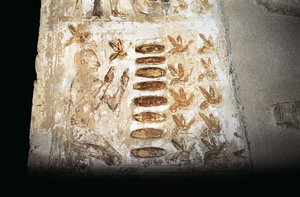Pittura murale che raffigura una scena di apicoltura, sul pilastro del cortile ipetro, dalla Tomba di Pabasa, Asasif (foto)