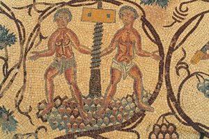 Torchio da vino, dettaglio del mosaico del pavimento con scene di vita quotidiana, Chiesa dei Santi Lot e Procopio, Nebo, Khirbet al-Mukhayyat, Giordania, civiltà bizantina, VI secolo d.C.