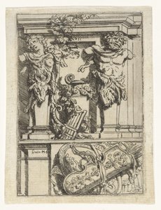 Due cariatidi, un flauto di Pan, un arco e una freccia e uno scudo da Lieven Mehus