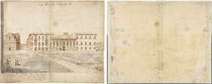 Diciotto vedute di Roma: Il Collegio di Propaganda Fide (recto); Schizzi di finestre e pilastri del piano attico del Collegio di Propaganda Fide (verso) da Lievin Cruyl