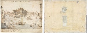 Diciotto vedute di Roma: Piazza Barberini (recto); Traccia di una fontana dal recto e schizzi di due volti (verso)