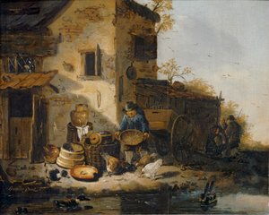 Contadino che dà da mangiare ai suoi polli ...