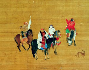 Kublai Khan (1214-94) a caccia, dinastia Yuan (inchiostro e colore su seta) (dettaglio) da Liu Kuan tao