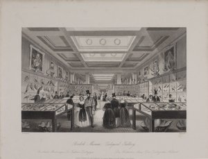 Vista della Galleria Zoologica, Museo Britannico che mostra i visitatori che guardano le esposizioni, c.1850 (incisione) da Llewellyn (after) Jewitt