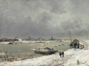 Un traghetto che attraversa vicino a Wijk bij Duurstede in inverno da Lodewijk Frederik Hendrik Apol