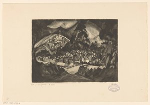 Paesaggio collinare con alberi e edifici da Lodewijk Schelfhout (signed by artist)