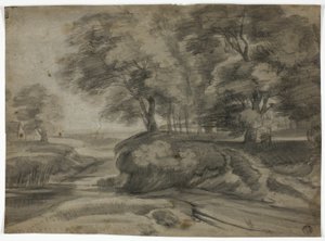 Paesaggio fluviale con rive boscose da Lodewijk de Vadder