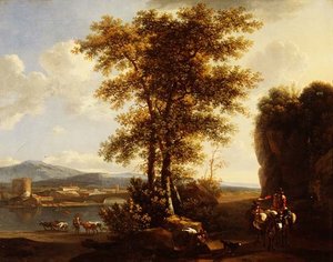 Paesaggio fluviale boscoso in stile italiano con viaggiatori su un sentiero, un pastore con bestiame e una città oltre da Lodewyck van Ludick