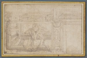 Ignudo, dopo un affresco sul soffitto nella Sala di Ulisse, Palazzo Poggi, Bologna
