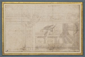 Ignudo, dopo un affresco sul soffitto nella Sala di Ulisse, Palazzo Poggi, Bologna