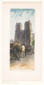 Veduta di Notre-Dame a Parigi con librai in primo piano