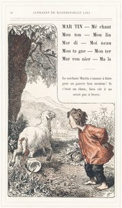 Martin, Cattivo, Pecora, Mulino, Martedì, Passero, Montagna, Salita, Castagna, Mais, pagina 26 - Alfabeto di Mademoiselle Lili, di L. Froelich e di un papà (Hetzel stesso). Bibliothèque & Magasin d