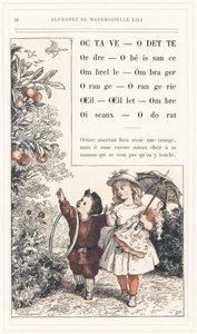 Ottava, Odette, Ordine, Obbedienza, Ombrello, Ombra, Arancia, Aranciera, Occhio, Garofano, Ombra, Uccelli, Odore, pagina 28 - Alfabeto di Mademoiselle Lili, di L. Froelich e di un papà (Hetzel stesso). Bibliothèque & Magasin d