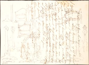 Schizzi di mobili disegnati su una lettera da Lorenz Frølich