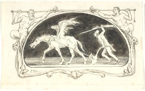 Vignetta con un Pegaso esausto davanti a un aratro, guidato da un uomo con un cappello alto, armato di una grande penna