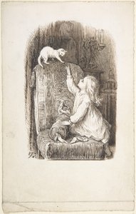 Bambino che si arrampica su una sedia per raggiungere un gattino da Lorenz Frølich