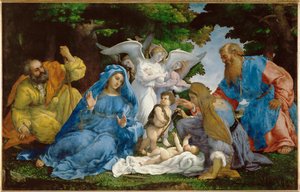 La Sacra Famiglia con tre angeli, il giovane San Giovanni ... da Lorenzo (workshop of) Lotto