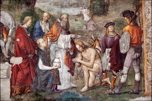 Vita di Santa Cecilia: Valeriano battezzato da Papa Urbano I (dettaglio) da Lorenzo Costa