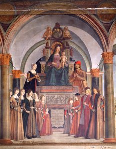 Madonna con Bambino e Angeli di Lorenzo Costa, cappella Bentivoglio nella Chiesa di San Giacomo Maggiore, Bologna, Italia da Lorenzo Costa