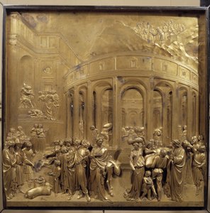 Storia della vita di Giuseppe. La raccolta del grano: i contadini portano i sacchi di cereali. Pannello originale della porta del Paradiso da Lorenzo Ghiberti