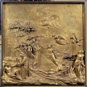Storia della vita di Adamo: la nascita di Adamo, la creazione di Eva e Adamo ed Eva cacciati dal Paradiso. Pannello originale della porta del Paradiso da Lorenzo Ghiberti