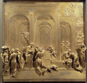 Vita di Giacobbe ed Esaù: Esaù vende la sua primogenitura e Isacco benedice Giacobbe. Pannello originale della porta del Paradiso