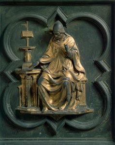 Porta Nord (detta Porta della Croce, nord), dettaglio esterno: San Gregorio Magno. Scultura in bronzo di Lorenzo Ghiberti da Lorenzo Ghiberti