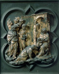 Porta Nord (detta Porta della Croce, a Nord), dettaglio esterno: Adorazione dei Magi. Scultura in bronzo realizzata da Lorenzo Ghiberti (1378-1455) da Lorenzo Ghiberti